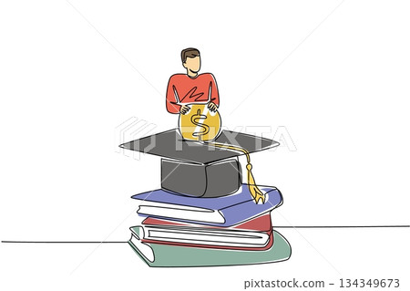 Single continuous line drawing a man standing behind a graduation cap inserting coins into the graduation cap. Investing for a better future. College Savings Day. One line design vector illustration 134349673