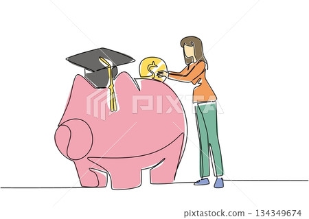Single continuous line drawing a woman puts a dollar coin into a big piggy bank wearing a graduation cap. Opening an education savings account. College Savings Day. One line design vector illustration 134349674