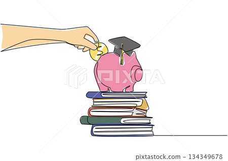 Continuous one line drawing hand holds coin putting into piggy bank wearing graduation cap. Get ready to welcome the highest education. College Savings Day. Single line draw design vector illustration Continuous one line drawing hand holds coin putting into piggy bank wearing graduation cap. Get ready to welcome the highest education. College Savings Day. Single line draw design vector illustration 134349678