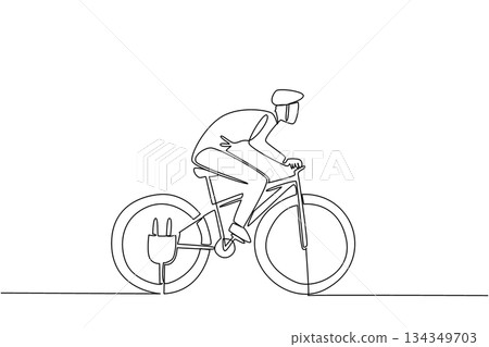 Single continuous line drawing a man riding an e bike with a cable plug in his tire. The perfect week to exercise with modern technology. National E Bike Day. One line design vector illustration 134349703