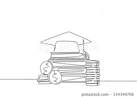 Continuous one line drawing a pile of thick books with a graduation cap on top and some stacks of coins. Raising funds for education. College Savings Day. Single line draw design vector illustration 134349706