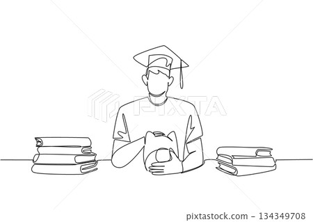 Single one line drawing a man wearing a graduation cap holding a piggy bank and a stack of thick books. Education for a better future. College Savings Day. Continuous line design graphic illustration Single one line drawing a man wearing a graduation cap holding a piggy bank and a stack of thick books. Education for a better future. College Savings Day. Continuous line design graphic illustration 134349708
