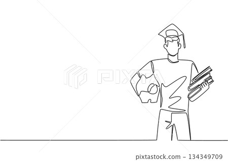 Single one line drawing a man wearing a graduation cap holding a stack of thick books and a piggy bank. Ready for further education. College Savings Day. Continuous line design graphic illustration 134349709