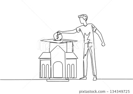 Single one line drawing a man puts coins into a graduation cap and the campus building below. College financing. For better future. College Savings Day. Continuous line design graphic illustration Single one line drawing a man puts coins into a graduation cap and the campus building below. College financing. For better future. College Savings Day. Continuous line design graphic illustration 134349725