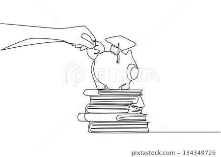 Continuous one line drawing hand holds coin putting into piggy bank wearing graduation cap. Get ready to welcome the highest education. College Savings Day. Single line draw design vector illustration Continuous one line drawing hand holds coin putting into piggy bank wearing graduation cap. Get ready to welcome the highest education. College Savings Day. Single line draw design vector illustration 134349726