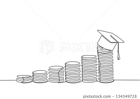Single continuous line drawing pile of coins that getting higher and higher with graduation cap on highest pile. Higher education high cost. College Savings Day. One line design vector illustration 134349728
