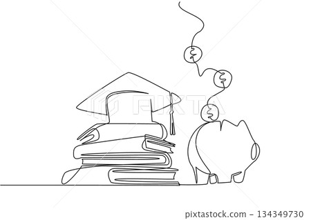 Single one line drawing pile of thick books topped with graduation cap and piggy bank filled with coins. Preparing education savings. College Savings Day. Continuous line design graphic illustration Single one line drawing pile of thick books topped with graduation cap and piggy bank filled with coins. Preparing education savings. College Savings Day. Continuous line design graphic illustration 134349730