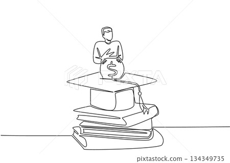 Single continuous line drawing a man standing behind a graduation cap inserting coins into the graduation cap. Investing for a better future. College Savings Day. One line design vector illustration Single continuous line drawing a man standing behind a graduation cap inserting coins into the graduation cap. Investing for a better future. College Savings Day. One line design vector illustration 134349735