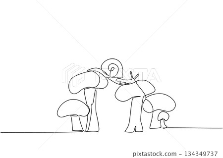 Single continuous line drawing snails walking and crossing on mushroom stems. Crawling animal with coiled shell. Devouring mushrooms slowly. National Snail Day. One line design vector illustration Single continuous line drawing snails walking and crossing on mushroom stems. Crawling animal with coiled shell. Devouring mushrooms slowly. National Snail Day. One line design vector illustration 134349737