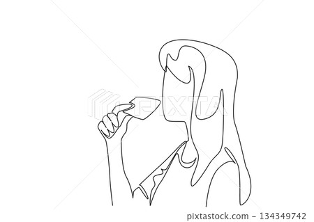 Continuous one line drawing a woman eating biscuits. A quick and solid breakfast. Stall the hunger with some biscuits. Sweet. Snack. National Biscuit Day. Single line draw design vector illustration Continuous one line drawing a woman eating biscuits. A quick and solid breakfast. Stall the hunger with some biscuits. Sweet. Snack. National Biscuit Day. Single line draw design vector illustration 134349742