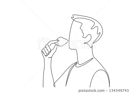 Single continuous line drawing a man eating biscuits. A sweet dessert. Filling in a simple way. Delicious. Crunchy. Cracker. Snack. Breakfast. National Biscuit Day. One line design vector illustration Single continuous line drawing a man eating biscuits. A sweet dessert. Filling in a simple way. Delicious. Crunchy. Cracker. Snack. Breakfast. National Biscuit Day. One line design vector illustration 134349743