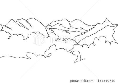 Single one line drawing Himalayan mountain range. A route full of obstacles and the threat of snow storms to reach the peak. Summit. Mount Everest Day. Continuous line design graphic illustration Single one line drawing Himalayan mountain range. A route full of obstacles and the threat of snow storms to reach the peak. Summit. Mount Everest Day. Continuous line design graphic illustration 134349750
