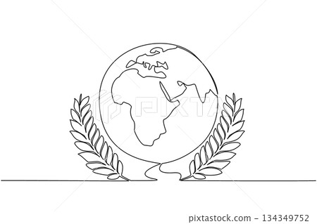 Single one line drawing globe with two wheat stalks on the right and left. Symbol of uneven food distribution around the world. Awareness. World Hunger Day. Continuous line design graphic illustration 134349752