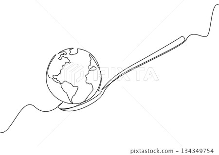 Continuous one line drawing a spoon with a globe on the end. Supporting the formation of a more serious world food agency. Rise awareness. World Hunger Day. Single line draw design vector illustration 134349754
