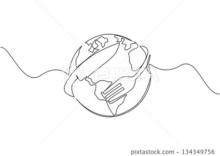 Single continuous line drawing globe surrounded by forks and knives. Symbol of lack of food that is not suitable for consumption. Lack of protein. World Hunger Day. One line design vector illustration 134349756