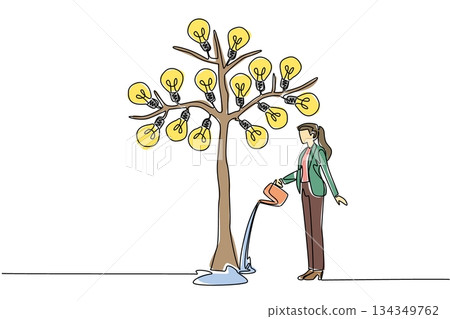 Continuous one line drawing a businesswoman watering big tree bearing many fruits with lightbulb with watering can. Mature thinker. National Creativity Day. Single line draw design vector illustration Continuous one line drawing a businesswoman watering big tree bearing many fruits with lightbulb with watering can. Mature thinker. National Creativity Day. Single line draw design vector illustration 134349762