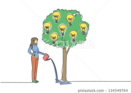 Continuous one line drawing a woman watering a leafy tree that bears light bulbs. Maintain positive thoughts. Fighting pessimism. National Creativity Day. Single line draw design vector illustration 134349764