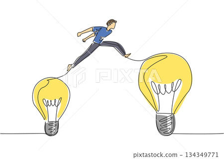 Single one line drawing a man jumps from a small lightbulb to a large light bulb. Moving freely is the result of positive thinking. National Creativity Day. Continuous line design graphic illustration 134349771