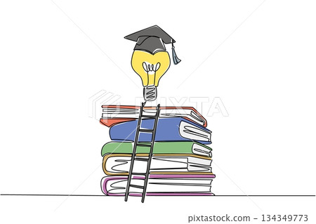 Single one line drawing lightbulb with toga floats above pile of thick books and ladder. Raising level of thinking for graduation. National Creativity Day. Continuous line design graphic illustration Single one line drawing lightbulb with toga floats above pile of thick books and ladder. Raising level of thinking for graduation. National Creativity Day. Continuous line design graphic illustration 134349773