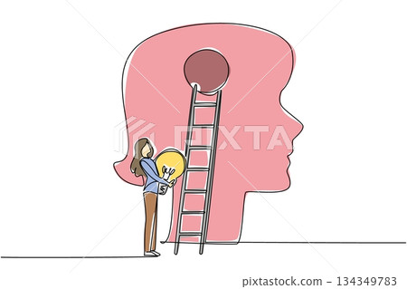 Continuous one line drawing a woman carrying lightbulb wants to climb ladder attached to big head silhouette. Improve way of think. National Creativity Day. Single line draw design vector illustration Continuous one line drawing a woman carrying lightbulb wants to climb ladder attached to big head silhouette. Improve way of think. National Creativity Day. Single line draw design vector illustration 134349783