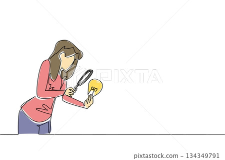 Continuous one line drawing a woman holds lightbulb and examines it with a magnifying glass. Researching. Searching. Power of mind. National Creativity Day. Single line draw design vector illustration 134349791