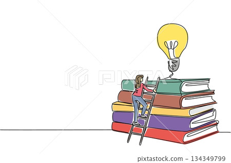 Single continuous line drawing a woman climbs a stack of thick books with a lightbulb floating above. High learning process. Study. Genius. National Creativity Day. One line design vector illustration Single continuous line drawing a woman climbs a stack of thick books with a lightbulb floating above. High learning process. Study. Genius. National Creativity Day. One line design vector illustration 134349799