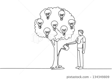 Single one line drawing a man watering a leafy tree that bears light bulbs. Taking good care of genius ideas. Investment of mind. National Creativity Day. Continuous line design graphic illustration Single one line drawing a man watering a leafy tree that bears light bulbs. Taking good care of genius ideas. Investment of mind. National Creativity Day. Continuous line design graphic illustration 134349809