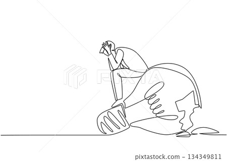 Single continuous line drawing a businessman sits on a broken lightbulb with both hands holds head. Ideas that failed to be implemented. National Creativity Day. One line design vector illustration Single continuous line drawing a businessman sits on a broken lightbulb with both hands holds head. Ideas that failed to be implemented. National Creativity Day. One line design vector illustration 134349811