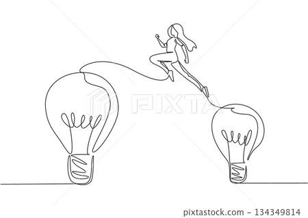 Single one line drawing a woman jumps from a small light bulb to a large light bulb. Freedom of thought that is beneficial. Idea. National Creativity Day. Continuous line design graphic illustration Single one line drawing a woman jumps from a small light bulb to a large light bulb. Freedom of thought that is beneficial. Idea. National Creativity Day. Continuous line design graphic illustration 134349814