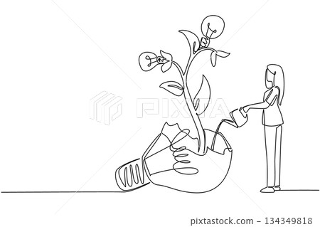 Single continuous line drawing a woman watering plant with lightbulb fruit growing from inside broken lightbulb. Forget past mistakes. National Creativity Day. One line design vector illustration 134349818