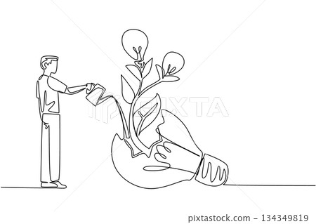 Single one line drawing a man watering plant with lightbulb fruit growing from inside broken lightbulb. Welcome brighter thinking. National Creativity Day. Continuous line design graphic illustration Single one line drawing a man watering plant with lightbulb fruit growing from inside broken lightbulb. Welcome brighter thinking. National Creativity Day. Continuous line design graphic illustration 134349819