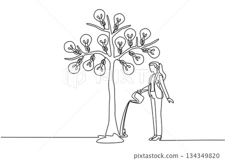 Continuous one line drawing a businesswoman watering big tree bearing many fruits with lightbulb with watering can. Mature thinker. National Creativity Day. Single line draw design vector illustration Continuous one line drawing a businesswoman watering big tree bearing many fruits with lightbulb with watering can. Mature thinker. National Creativity Day. Single line draw design vector illustration 134349820