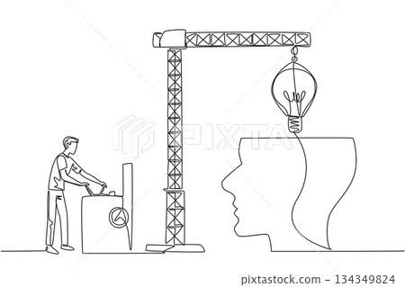 Single continuous line drawing a man controls crane inserts lightbulb into big open silhouette of a head. Strengthen memory. Refreshing. National Creativity Day. One line design vector illustration Single continuous line drawing a man controls crane inserts lightbulb into big open silhouette of a head. Strengthen memory. Refreshing. National Creativity Day. One line design vector illustration 134349824