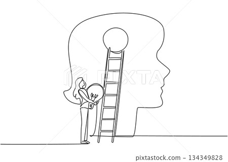 Continuous one line drawing a woman carrying lightbulb wants to climb ladder attached to big head silhouette. Improve way of think. National Creativity Day. Single line draw design vector illustration Continuous one line drawing a woman carrying lightbulb wants to climb ladder attached to big head silhouette. Improve way of think. National Creativity Day. Single line draw design vector illustration 134349828