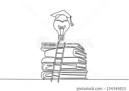 Single one line drawing lightbulb with toga floats above pile of thick books and ladder. Raising level of thinking for graduation. National Creativity Day. Continuous line design graphic illustration Single one line drawing lightbulb with toga floats above pile of thick books and ladder. Raising level of thinking for graduation. National Creativity Day. Continuous line design graphic illustration 134349833