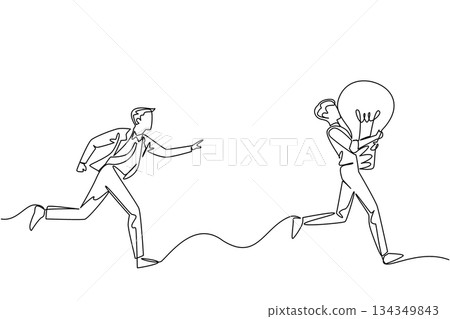 Single continuous line drawing a businessman chases a man running with lightbulb. Chasing down plagiarists. Illegal acts violate copyright. National Creativity Day. One line design vector illustration 134349843