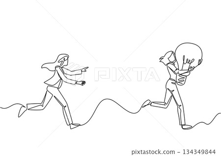 Continuous one line drawing a businesswoman chases a woman running with a light bulb. The thief of ideas. A disturbing crime. National Creativity Day. Single line draw design vector illustration Continuous one line drawing a businesswoman chases a woman running with a light bulb. The thief of ideas. A disturbing crime. National Creativity Day. Single line draw design vector illustration 134349844