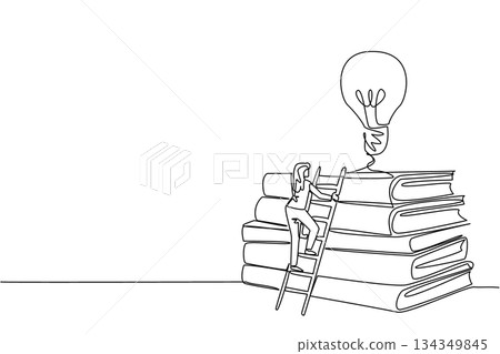 Single continuous line drawing a woman climbs a stack of thick books with a lightbulb floating above. High learning process. Study. Genius. National Creativity Day. One line design vector illustration Single continuous line drawing a woman climbs a stack of thick books with a lightbulb floating above. High learning process. Study. Genius. National Creativity Day. One line design vector illustration 134349845