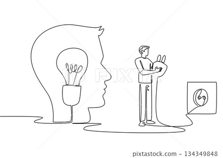 Continuous one line drawing a man stands in front of silhouette of head holds cable and plugs into socket. Strengthen memory. National Creativity Day. Single line draw design vector illustration 134349848