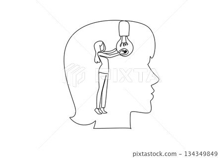 Single continuous line drawing a woman installs a large bulb inside the silhouette of a large head. Helps facilitate reasoning. Genius. National Creativity Day. One line design vector illustration Single continuous line drawing a woman installs a large bulb inside the silhouette of a large head. Helps facilitate reasoning. Genius. National Creativity Day. One line design vector illustration 134349849