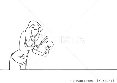 Continuous one line drawing a woman holds lightbulb and examines it with a magnifying glass. Researching. Searching. Power of mind. National Creativity Day. Single line draw design vector illustration 134349851