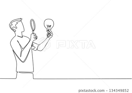 Single continuous line drawing man holds lightbulb and examines with magnifying glass. Looking for brilliant solutions to problem solving. National Creativity Day. One line design vector illustration Single continuous line drawing man holds lightbulb and examines with magnifying glass. Looking for brilliant solutions to problem solving. National Creativity Day. One line design vector illustration 134349852