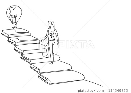 Continuous one line drawing a woman walks on stairs made of books and a lightbulb floating at the end. Stepping into genius. Idea. National Creativity Day. Single line draw design vector illustration 134349853