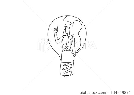 Continuous one line drawing a woman in casual clothes with gestures got an idea in a lightbulb. Have a brilliant and genius idea. National Creativity Day. Single line draw design vector illustration Continuous one line drawing a woman in casual clothes with gestures got an idea in a lightbulb. Have a brilliant and genius idea. National Creativity Day. Single line draw design vector illustration 134349855