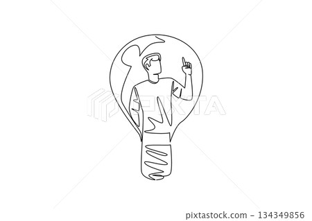 Continuous one line drawing a man in casual clothes with gestures got an idea in a lightbulb. Getting ideas at the right time. National Creativity Day. Single line draw design vector illustration Continuous one line drawing a man in casual clothes with gestures got an idea in a lightbulb. Getting ideas at the right time. National Creativity Day. Single line draw design vector illustration 134349856