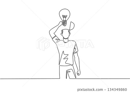 Continuous one line drawing a man with head uncover and lifts a lightbulb above his head. Bringing out the best brilliant ideas. National Creativity Day. Single line draw design vector illustration Continuous one line drawing a man with head uncover and lifts a lightbulb above his head. Bringing out the best brilliant ideas. National Creativity Day. Single line draw design vector illustration 134349860