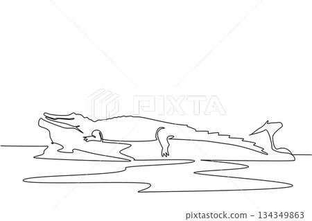 Single continuous line drawing alligator on the surface of fallen tree trunk. Coming to the surface after soaking in water. Acclimatization. National Alligator Day. One line design vector illustration 134349863