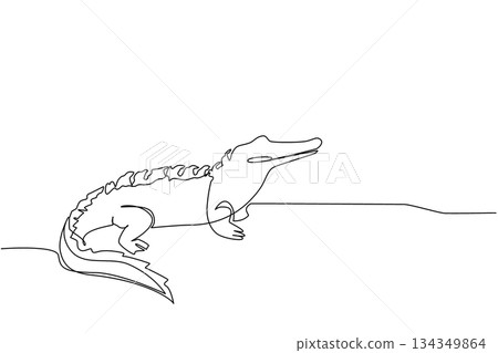 Single one line drawing alligator on the surface of the swamp. Like a famous logo. Very iconic. Expensive brand. The predator. National Alligator Day. Continuous line design graphic illustration Single one line drawing alligator on the surface of the swamp. Like a famous logo. Very iconic. Expensive brand. The predator. National Alligator Day. Continuous line design graphic illustration 134349864