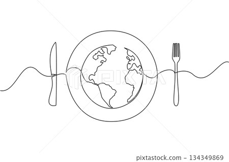 Single continuous line drawing a plate with a globe in the middle with knife and fork on the right and left. Annual problem that keeps happening. World Hunger Day. One line design vector illustration Single continuous line drawing a plate with a globe in the middle with knife and fork on the right and left. Annual problem that keeps happening. World Hunger Day. One line design vector illustration 134349869