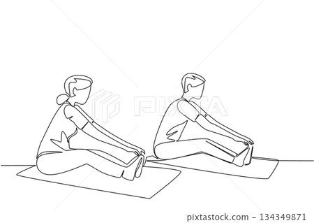 Continuous one line drawing a pair of grandparents stretching legs on the fitness mate. Cooldown. Pilates. Yoga. National Senior Health and Fitness Day. Single line draw design vector illustration Continuous one line drawing a pair of grandparents stretching legs on the fitness mate. Cooldown. Pilates. Yoga. National Senior Health and Fitness Day. Single line draw design vector illustration 134349871